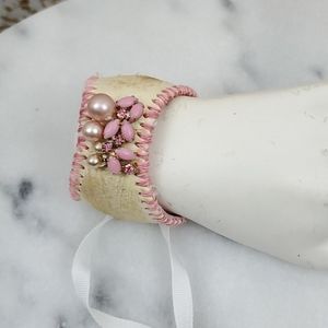 Handmade leather cuff bracelet embellished pink